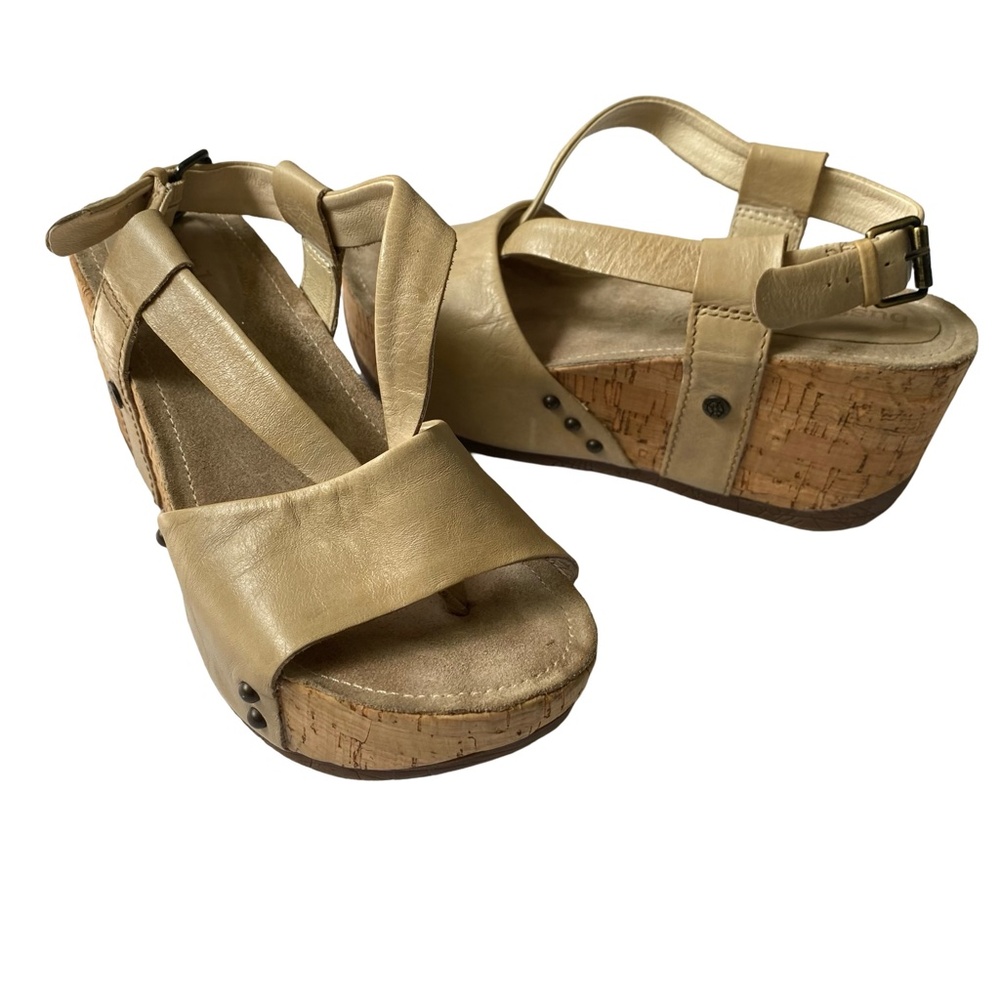 Bussola  Formentera Tan Leather Cork Heel Boho Festival Sandal- Size 37 (6.5 US)